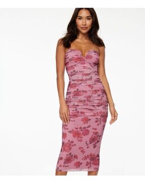 Dynamite Rose-Pink Floral Strapless Ruched Midi Dress